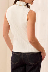 Ribbed Funnel Neck Sleeveless Knit Top in Cream - view 2