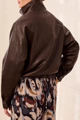 Faux Leather Mock Neck Jacket in Saddle Brown - view 2
