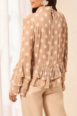 Polka Dot Mock Neck Peplum Blouse in Pashmina - view 2