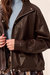 Faux Leather Mock Neck Jacket in Saddle Brown - view 3
