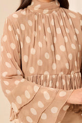 Polka Dot Mock Neck Peplum Blouse in Pashmina - view 3