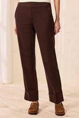 Twill Cuffed Straight-Leg Pull-On Pants in Espresso - view 3