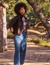 Faux Leather Mock Neck Jacket in Saddle Brown - view 4