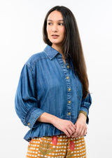 Denim Ruffle Peplum Jacket in Indigo