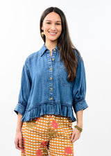 Denim Ruffle Peplum Jacket in Indigo view 3