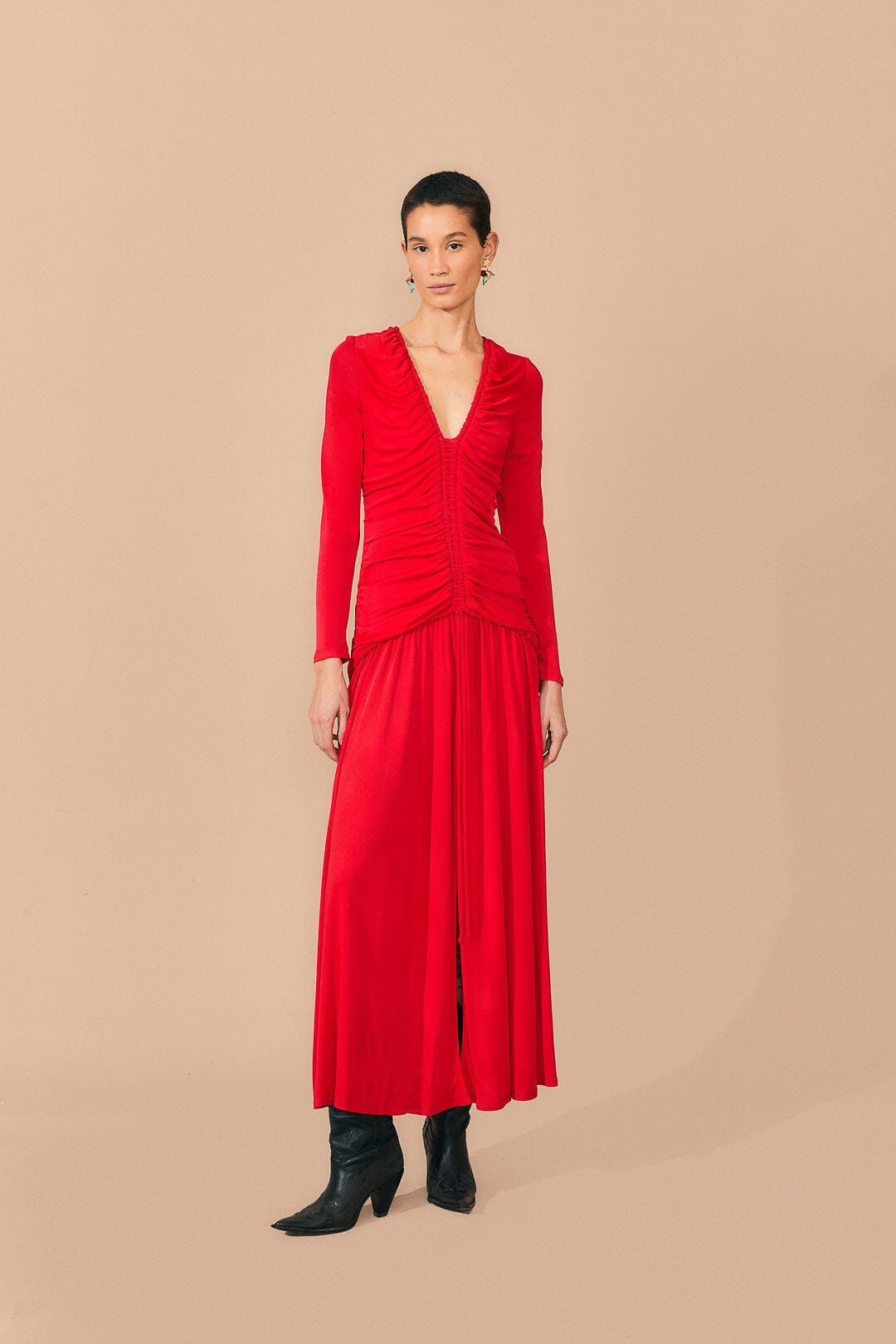 FARM Rio Red 3d Roses Long Sleeve Draped Midi Dress, Red / M FARM Rio Red 3d Roses Long Sleeve Draped Midi Dress, Red / M