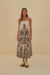 Farm Rio - Flower Fan Tapestry Off-white Midi Dress - Small