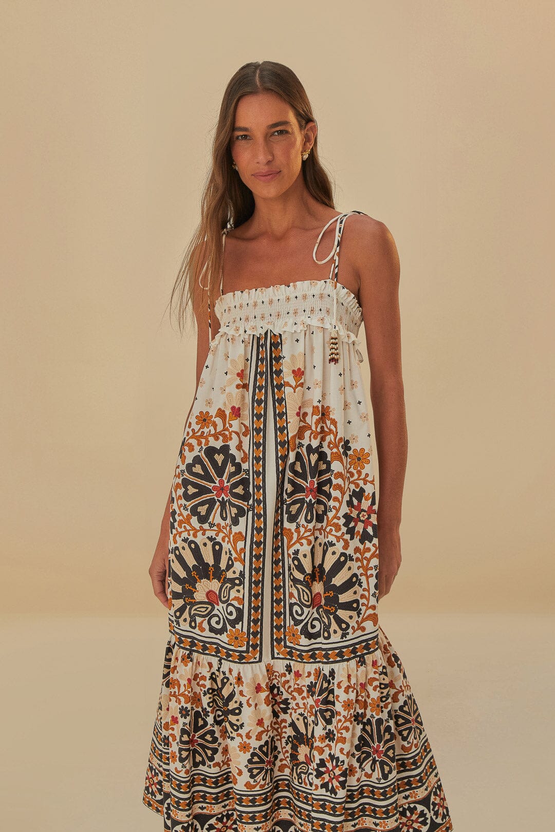 Flower Fan Tapestry Off-White Midi Dress Flower Fan Tapestry Off-White Midi Dress