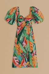 Farm Rio - Multicolor Banana Foliage Puff Sleeve Midi Dress