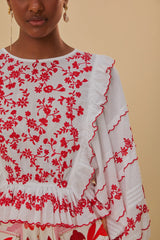 Farm Rio - Off-white and Red Embroidered Long Sleeve Blouse