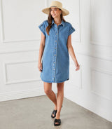 Cap Sleeve Denim Shirtdress: Denim / L