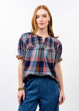 Smocked Neck Top in Navy view 2