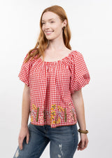 Gingham and Flowers Top in Red view 2