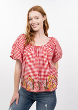 Gingham and Flowers Top in Red view 3