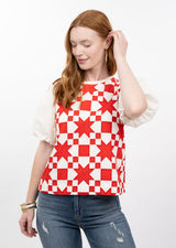 Quilted Pouf Sleeve Top in Red view 2