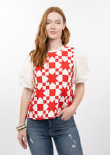 Quilted Pouf Sleeve Top in Red view 3