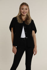 Faux Fur Collar Short Sleeve Cardigan in Black/Chestnut by Dolce Cabo, view 1