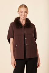 Faux Fur Collar Short Sleeve Cardigan in Espresso by Dolce Cabo, view 1