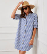 Stripe Ruched Sleeve Shirtdress: Blue With Off White / L