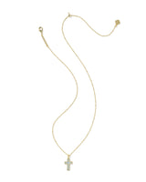 Cross Gold Pendant Necklace in Matte Light Blue Dichroic Glass view 2