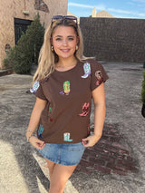 Queen of Sparkles - Tops - Brown Multi Cowboy Boot Tee - Xs