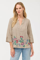 Sloane V-Neck Linen Blouse in Jute Stripe