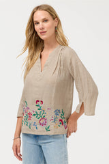 Sloane V-Neck Linen Blouse in Jute Stripe view 2