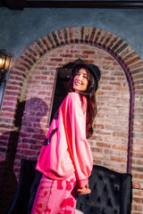 Queen of Sparkles black and neon pink split pumpkin face sweatshirt