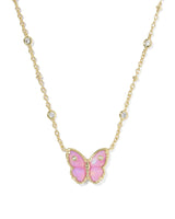 Cailey Butterfly Gold Short Pendant Necklace in Pink Opalescent Resin