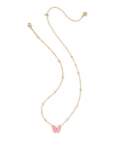 Cailey Butterfly Gold Short Pendant Necklace in Pink Opalescent Resin view 2