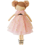 Cloth ballerina doll with fair skin, strawberry blonde yarn hair in two pom-poms, wearing a pink tulle dress with gold stars