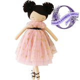 48cm brunette ballerina doll with dark hair buns, pink starry tulle dress, black ribbon belt, and ballet shoes.