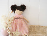 48cm cloth ballerina doll with fair skin, brunette hair in two puff buns, wearing a pink tulle dress with gold stars and a.