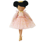Ebony doll with curly hair in buns wearing pink star-patterned tulle dress and golden crown.