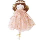 Soft cloth fairy doll with blush gold star-patterned dress and glittery wings.