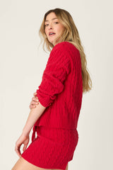 P.J. Salvage Cozy Chenille Cable Knit Red V-Neck Sweater in Jester Red
