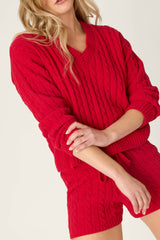 P.J. Salvage Cozy Chenille Cable Knit Red V-Neck Sweater in Jester Red