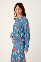 P.J. Salvage Howdy Holidays Cowboy Boots & Star Print Long Sleeve Top in Steel Blue