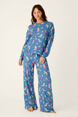 P.J. Salvage Howdy Holidays Cowboy Boots & Star Print Long Sleeve Top in Steel Blue