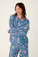 P.J. Salvage Howdy Holidays Cowboy Boots & Star Print Long Sleeve Top in Steel Blue