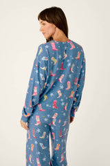 P.J. Salvage Howdy Holidays Cowboy Boots & Star Print Long Sleeve Top in Steel Blue