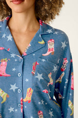 P.J. Salvage Howdy Holidays Cowboy Boots & Star Print Button Front Top in Steel Blue