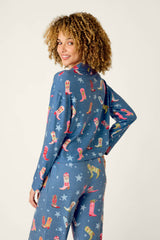 P.J. Salvage Howdy Holidays Cowboy Boots & Star Print Button Front Top in Steel Blue