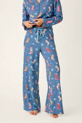 P.J. Salvage Howdy Holidays Cowboy Boots & Star Print Pajama Pants in Steel Blue