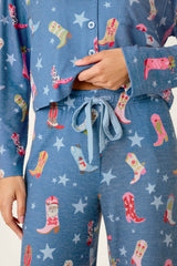P.J. Salvage Howdy Holidays Cowboy Boots & Star Print Pajama Pants in Steel Blue