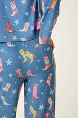 P.J. Salvage Howdy Holidays Cowboy Boots & Star Print Pajama Pants in Steel Blue