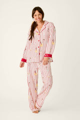 P.J. Salvage Martinis & Mistletoe Cocktail Print Flannel 3-Piece PJ Set in Lipstick