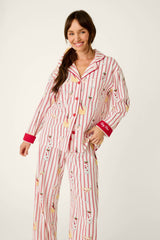 P.J. Salvage Martinis & Mistletoe Cocktail Print Flannel 3-Piece PJ Set in Lipstick