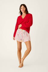 P.J. Salvage Martinis & Mistletoe Cocktail Print Flannel Pajama Shorts in Lipstick