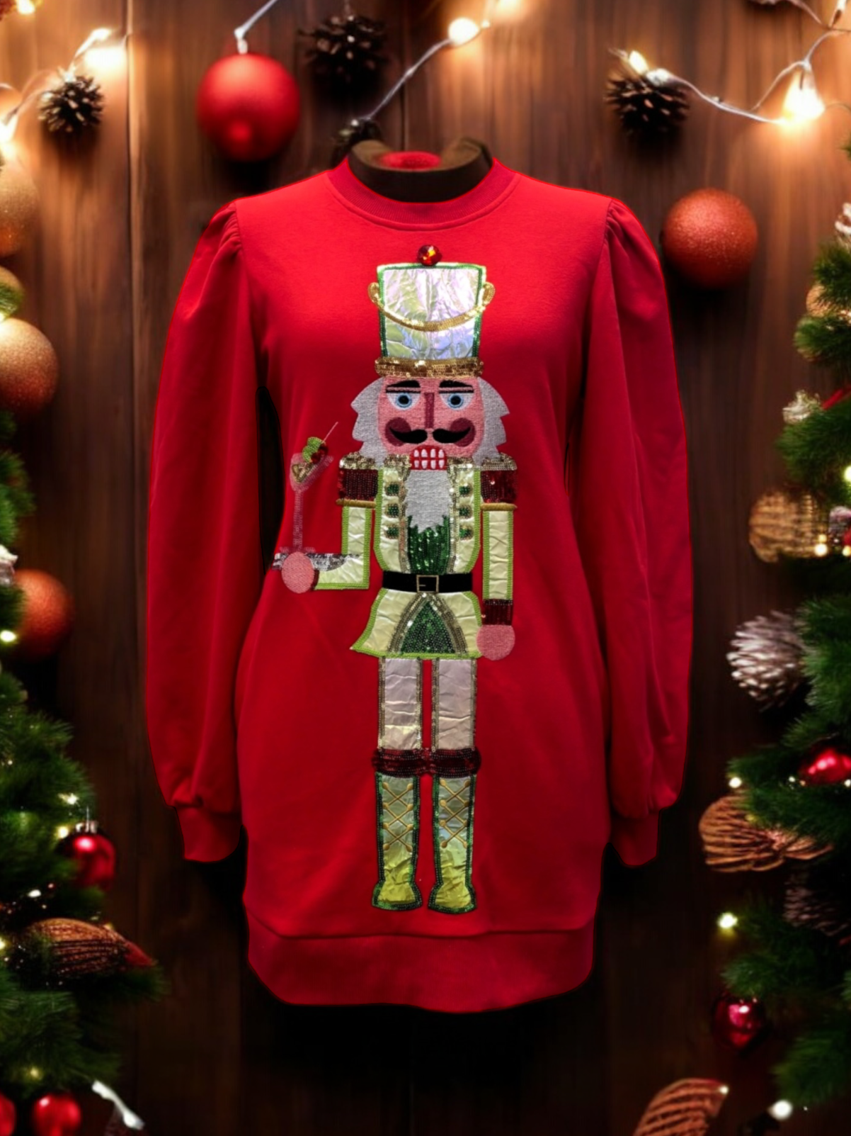 chinese dress ladies Red Martini Nutcracker Poof Sleeve Sweatshirt Dress M